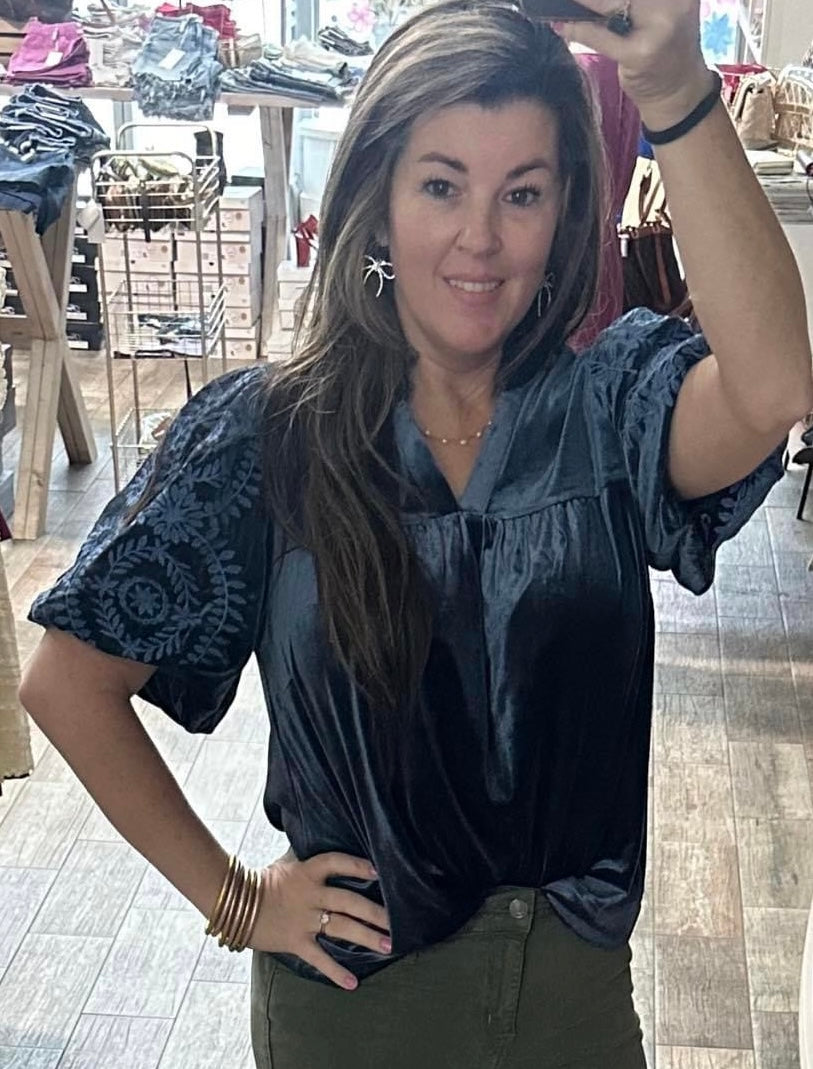 Velvet Embroidered Sleeve Top