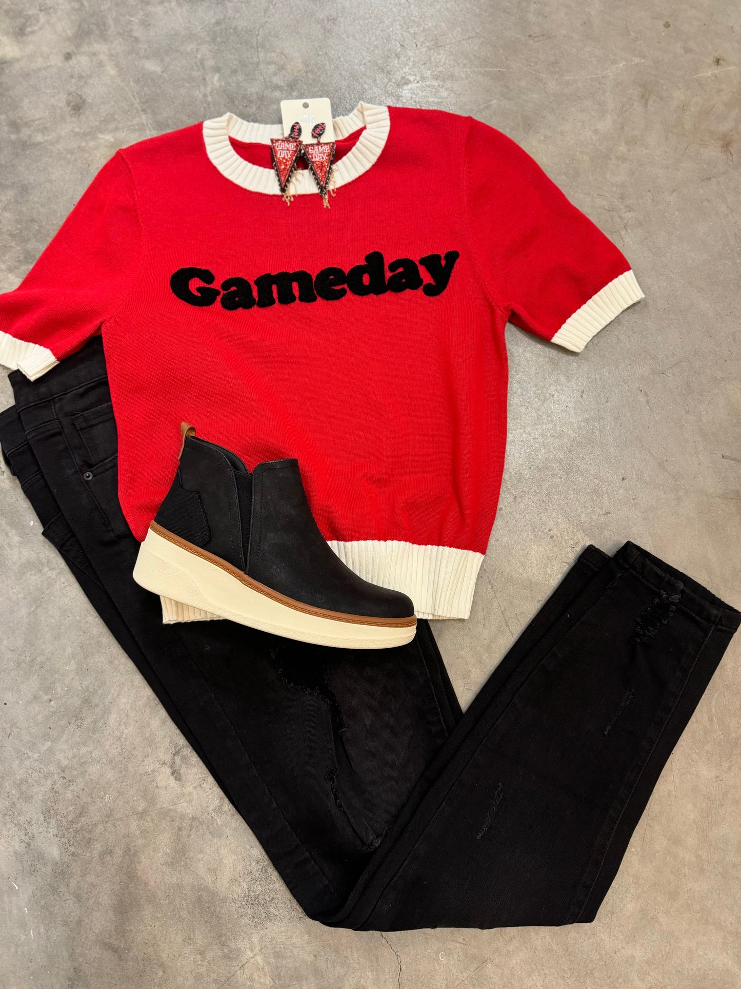 Red White and Black Gameday Short Sleeve Sweater