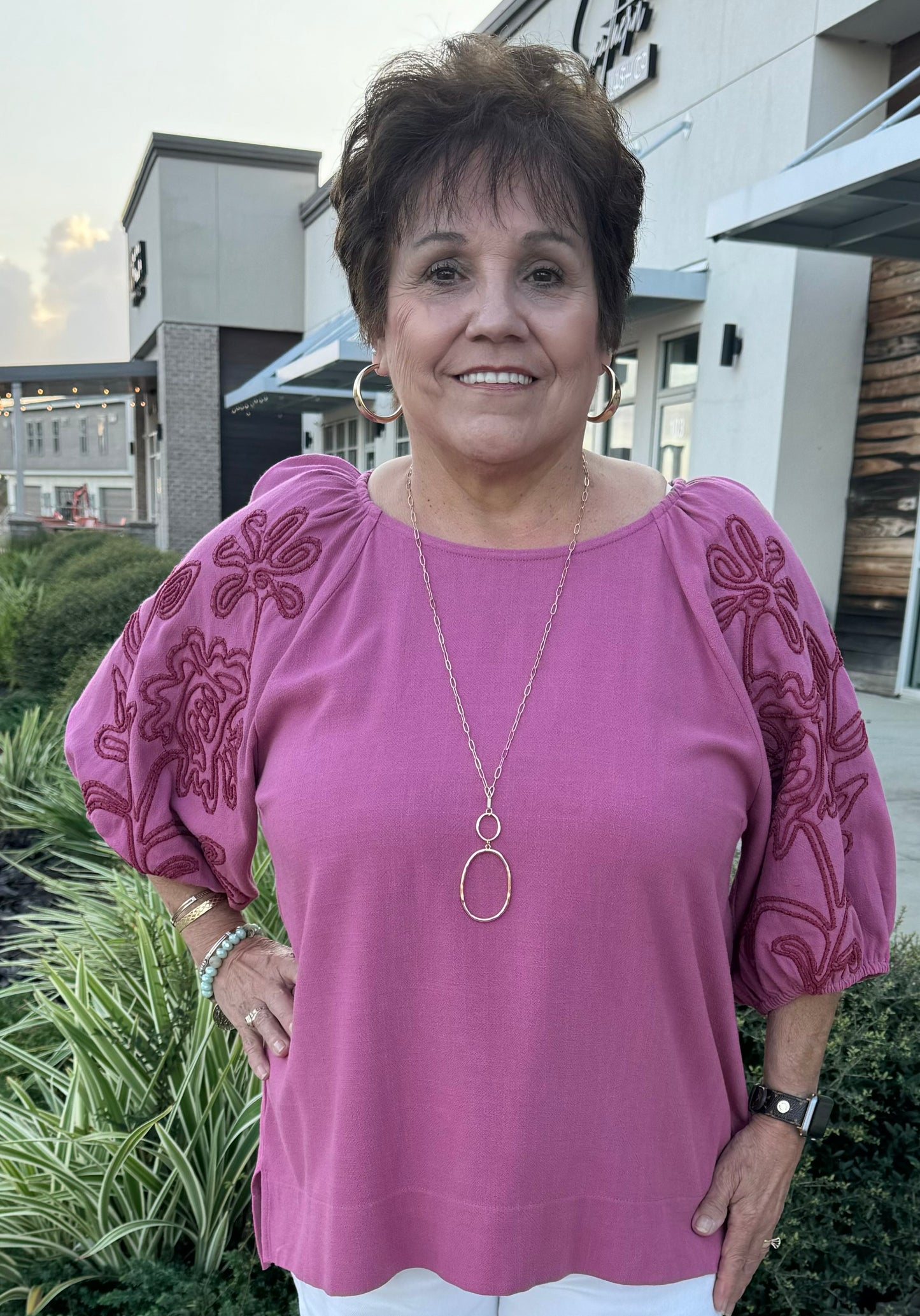 Magenta Top with Flower Ruffle Sleeve