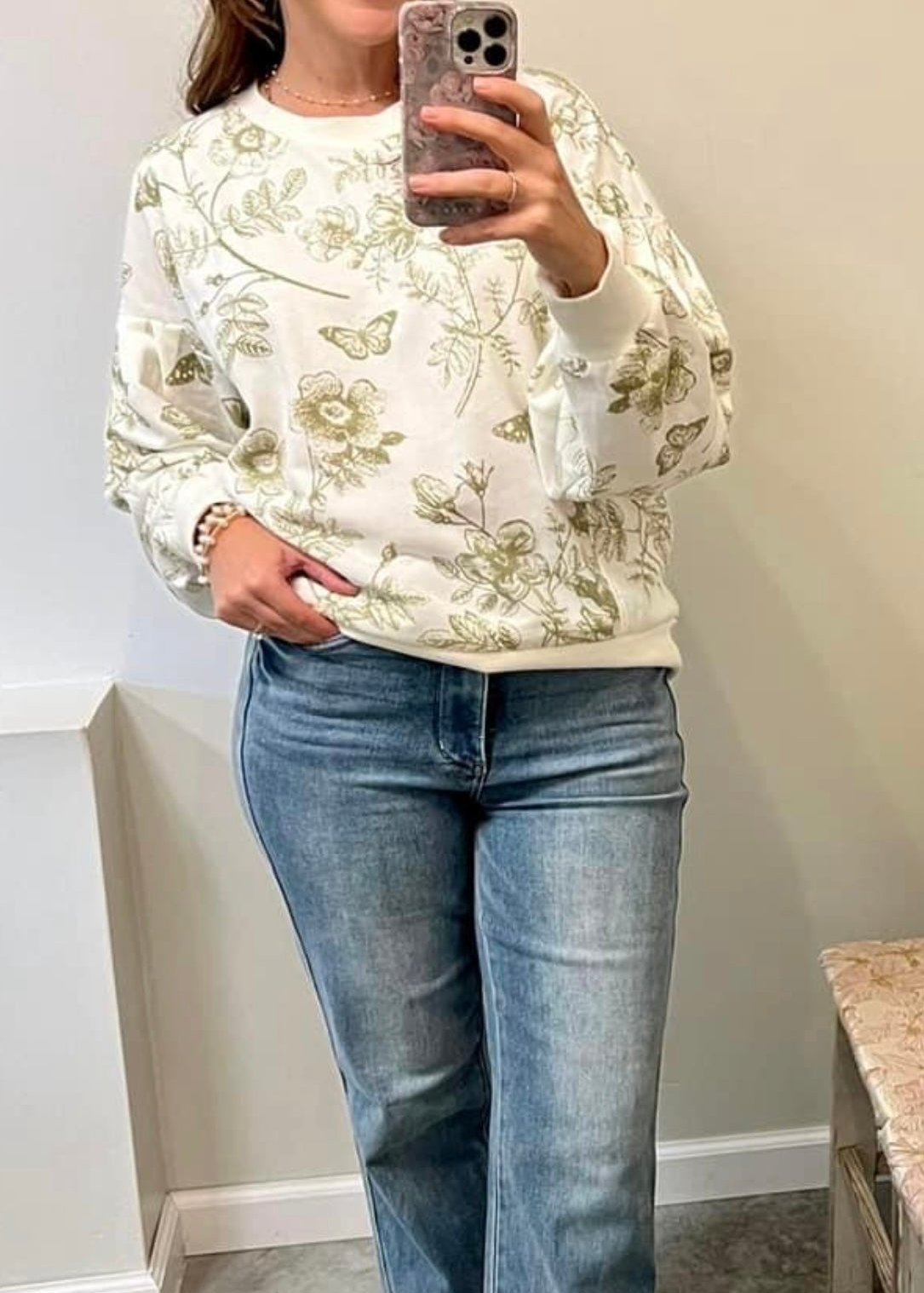 Ivory and Olive Floral Print Crewneck Sweatshirt