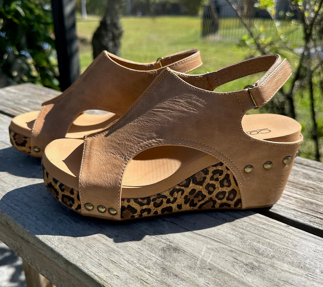 Corkey’s taupe Smooth Leopard Wedge