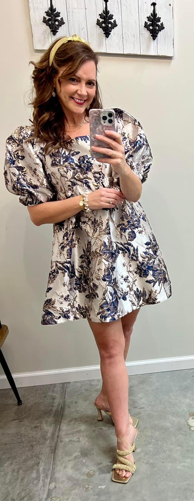 Navy Jacquard Floral Dress