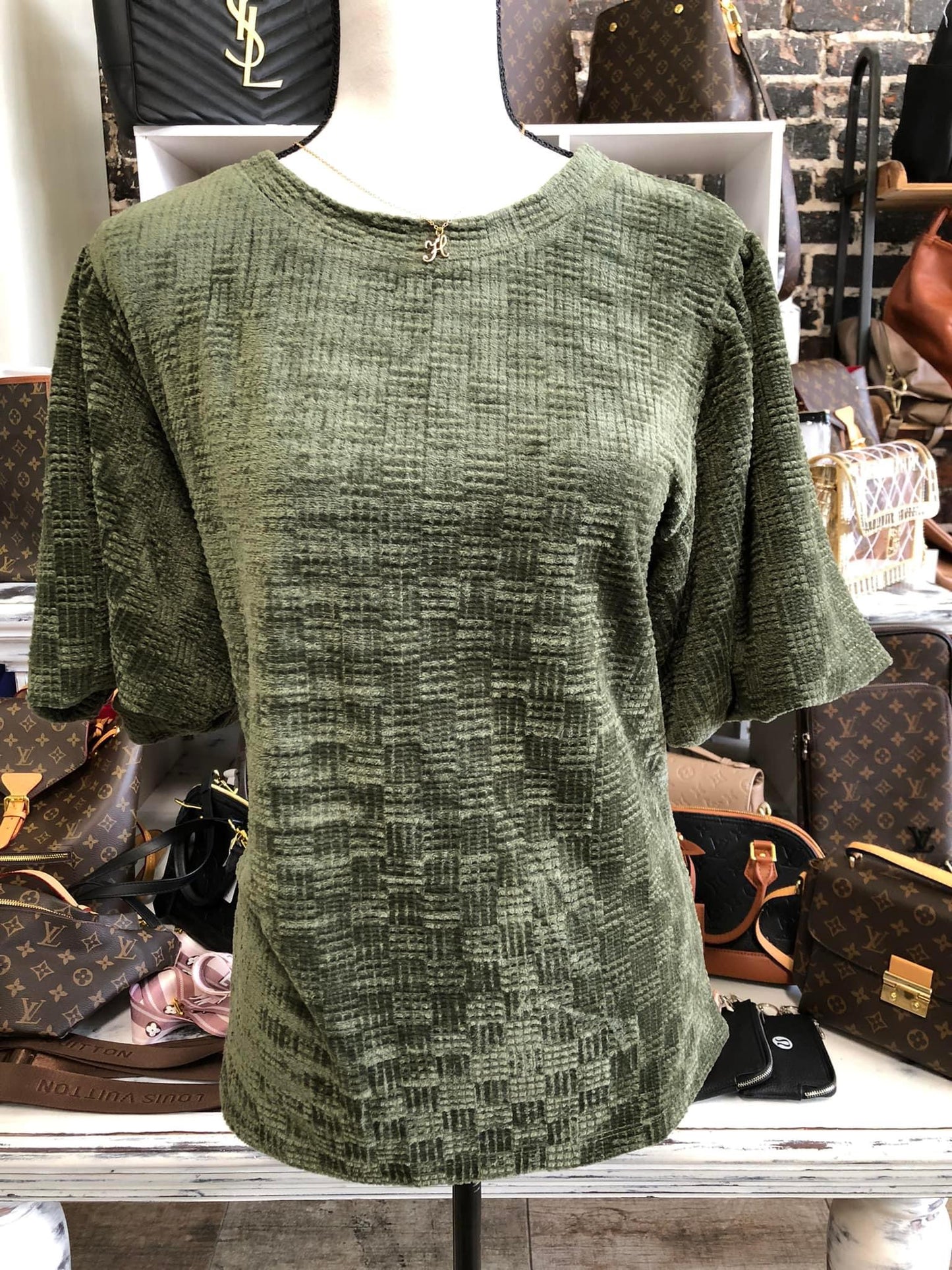 Olive Velvet Bubble Sleeve Top